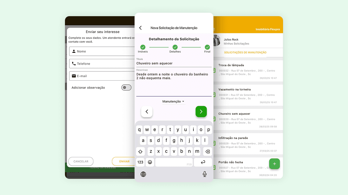 App para imobiliária com registro de manutenção, detalhamento da solicitação e histórico de atendimentos do inquilino.