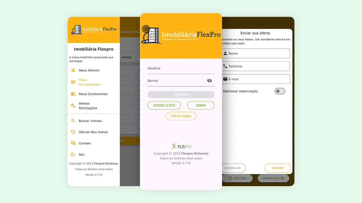 App imobiliário white-label com acesso do cliente, gestão de imóveis, recebimentos e formulário para captar novos interessados.