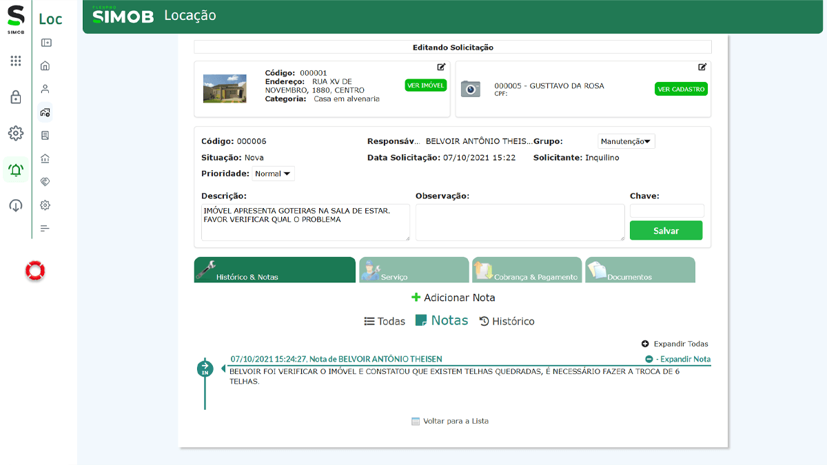 Tela de edição de solicitação de manutenção no sistema imobiliário com histórico, responsável e controle de status.