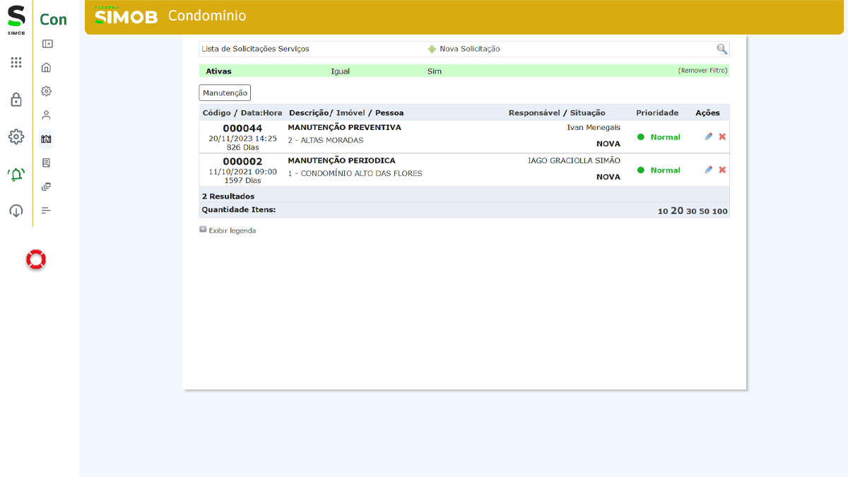 Sistema para administradora de condomínios com painel de solicitações de serviços, responsável definido e controle de prioridade.