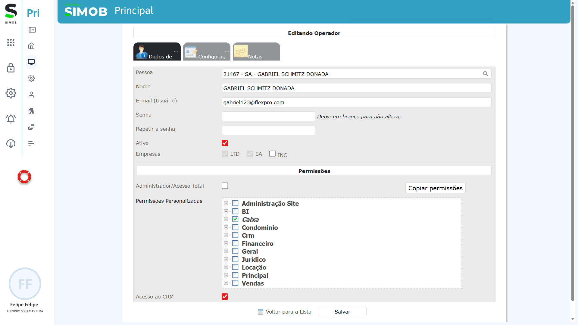 ERP imobiliário SIMOB com gestão de usuários, definição de permissões por setor e controle de acesso aos módulos financeiro, jurídico, locação e condomínio.