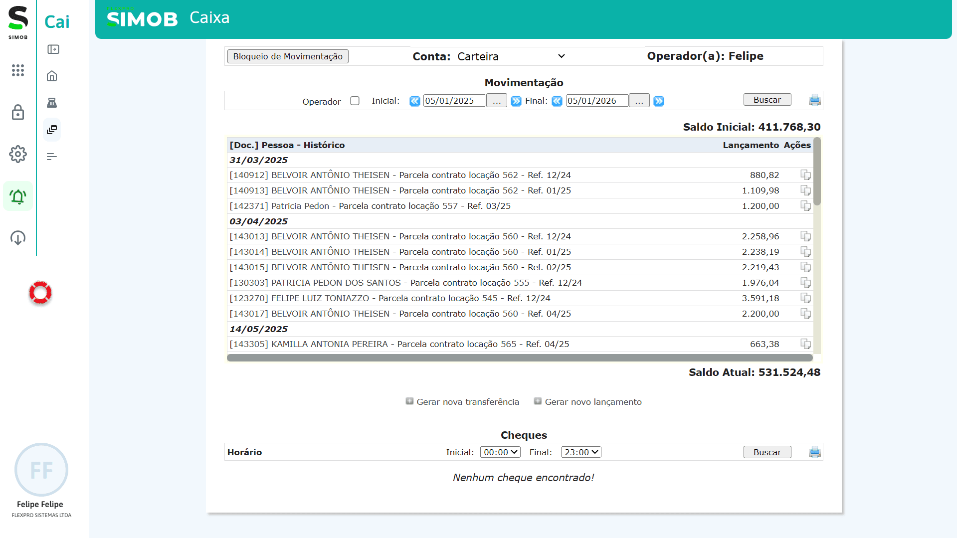 Tela do SIMOB com controle de entradas e saídas do caixa.