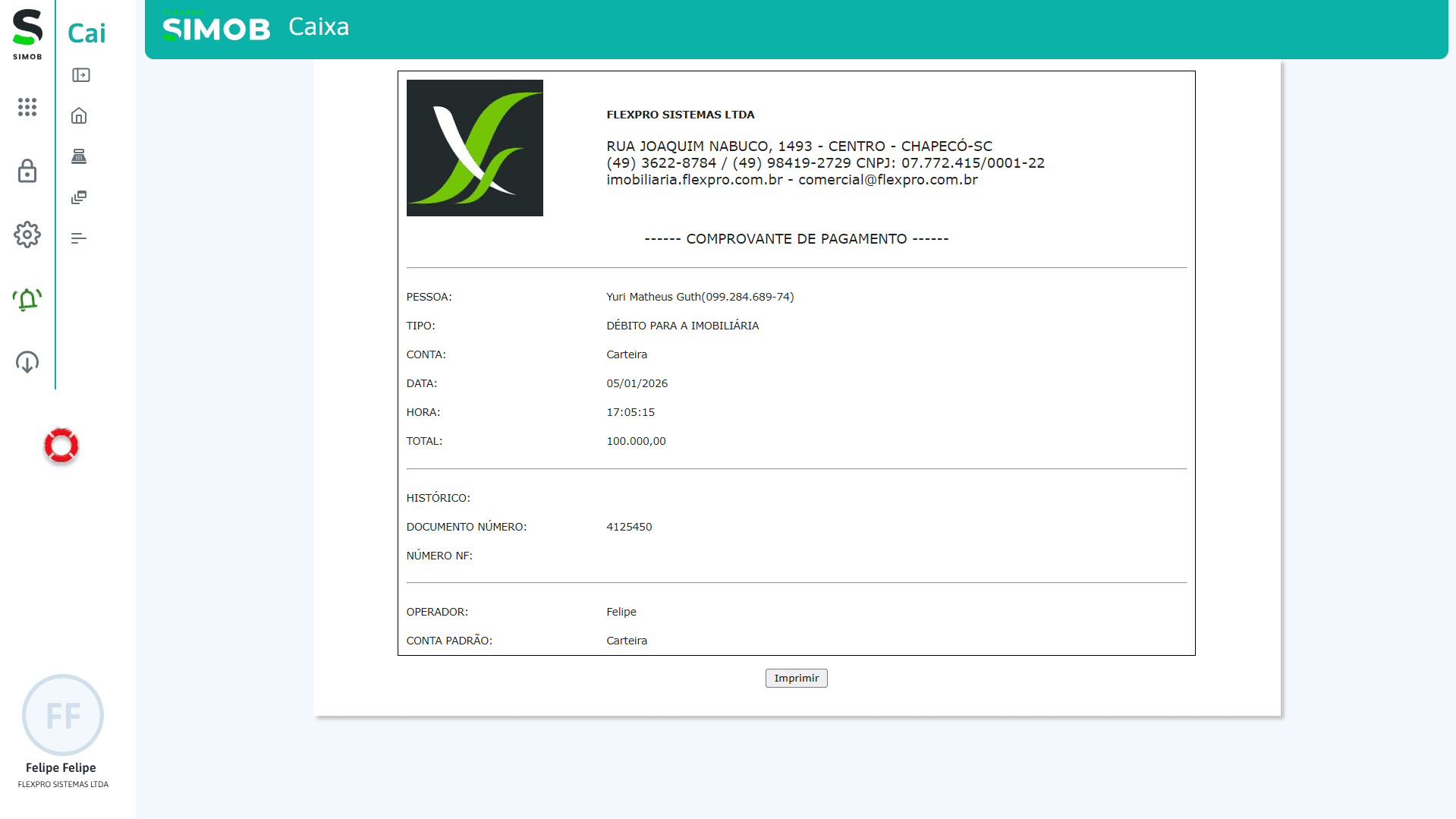 ERP imobiliário SIMOB com emissão de comprovante de pagamento, registro financeiro integrado e rastreabilidade por operador e conta.