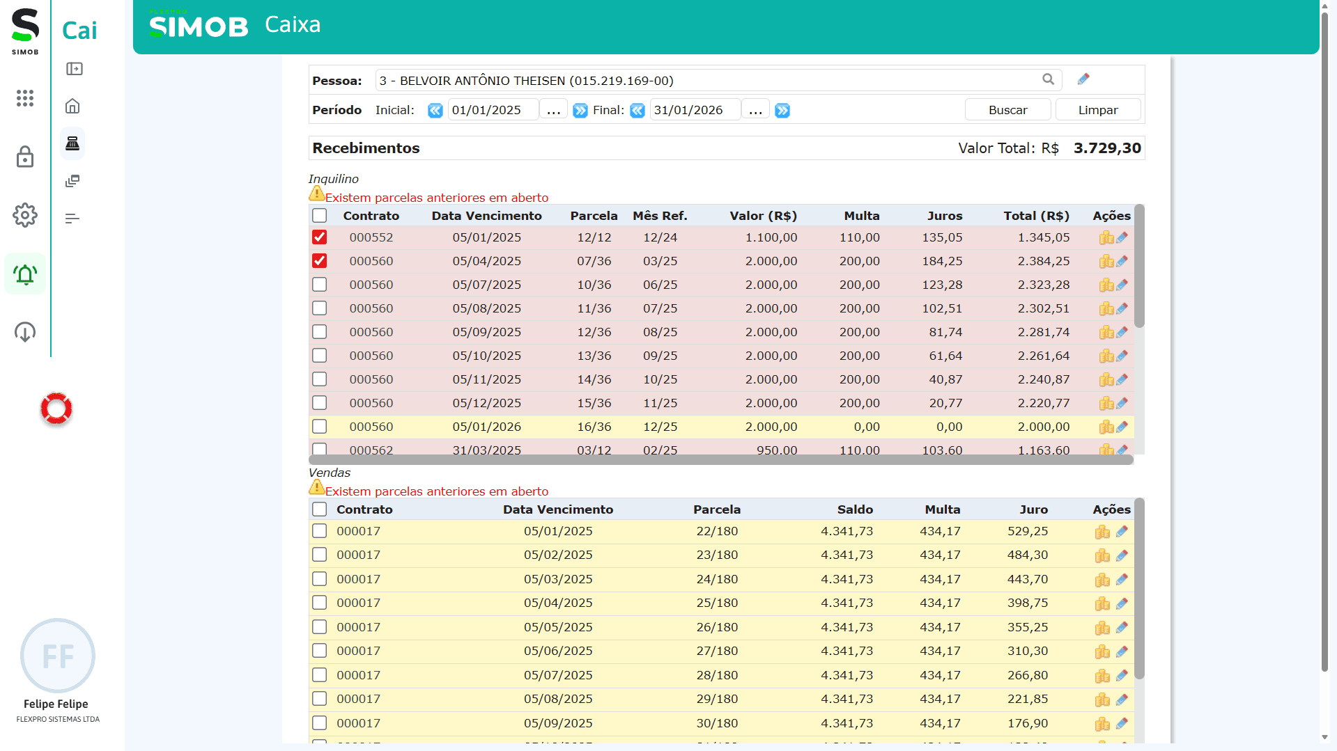 ERP imobiliário SIMOB com gestão de recebimentos de locação e vendas, identificação de parcelas em atraso e cálculo automático de encargos financeiros.