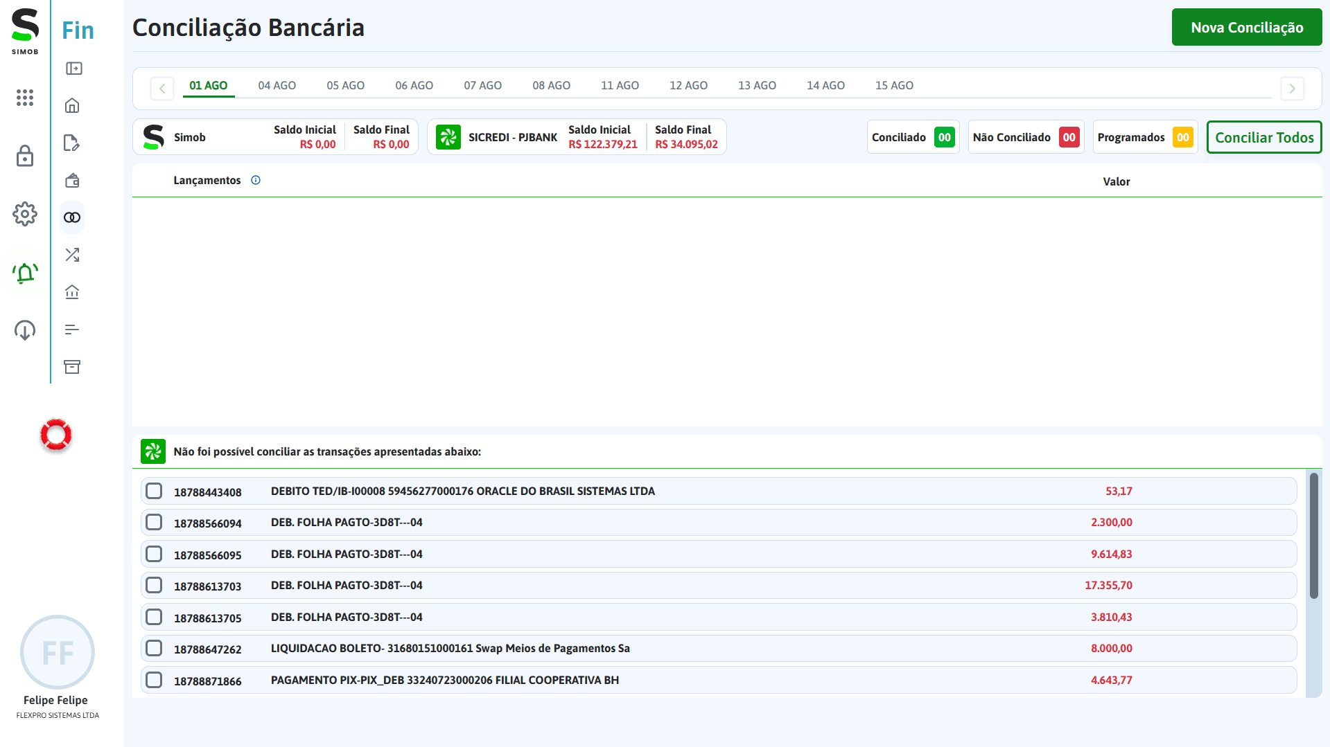Tela de conciliação bancária no módulo Financeiro do SIMOB Flexpro exibindo saldo inicial, saldo final, lançamentos não conciliados e controle de integração com banco.