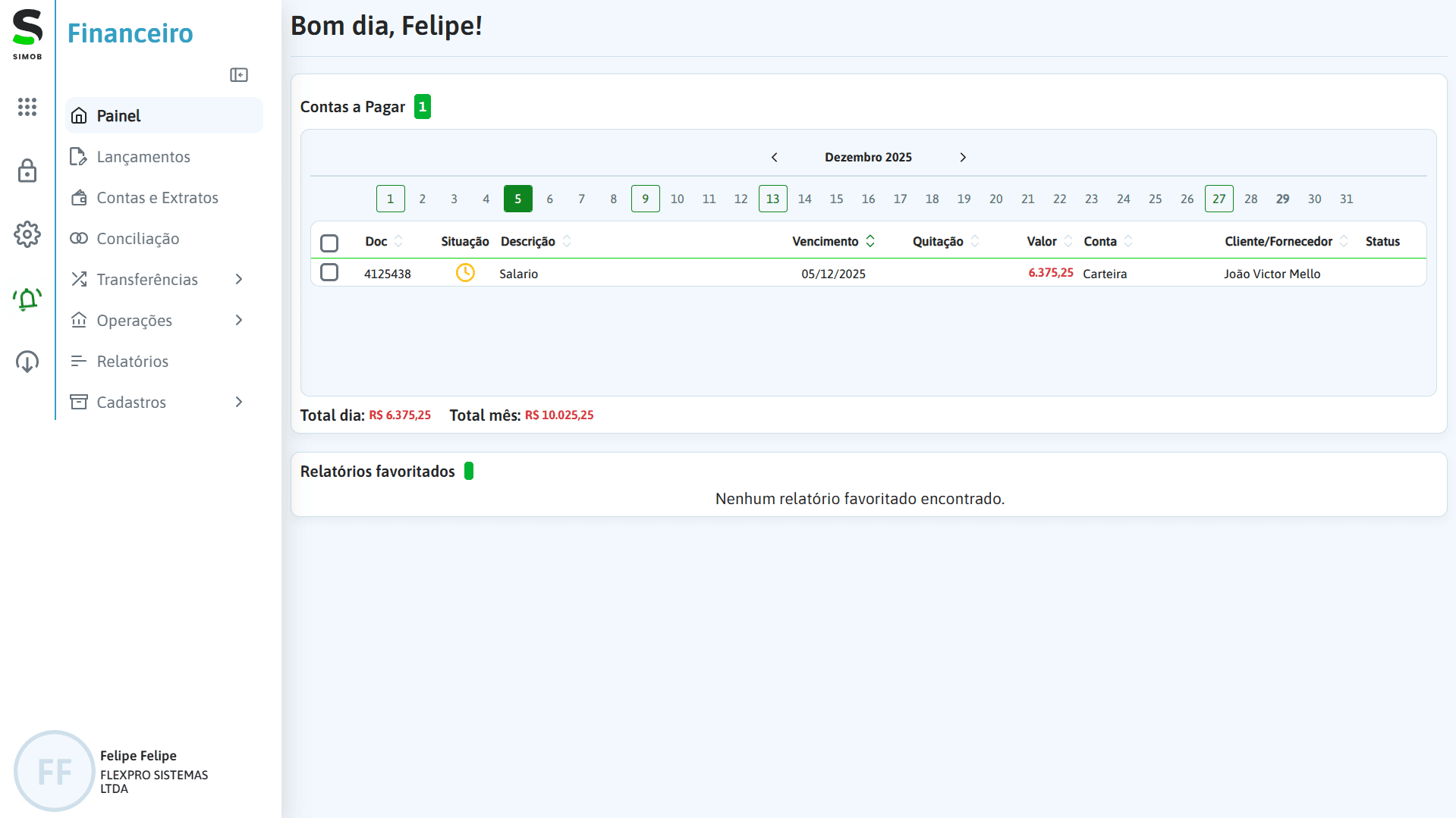 Tela de integração financeira dos módulos no SIMOB.