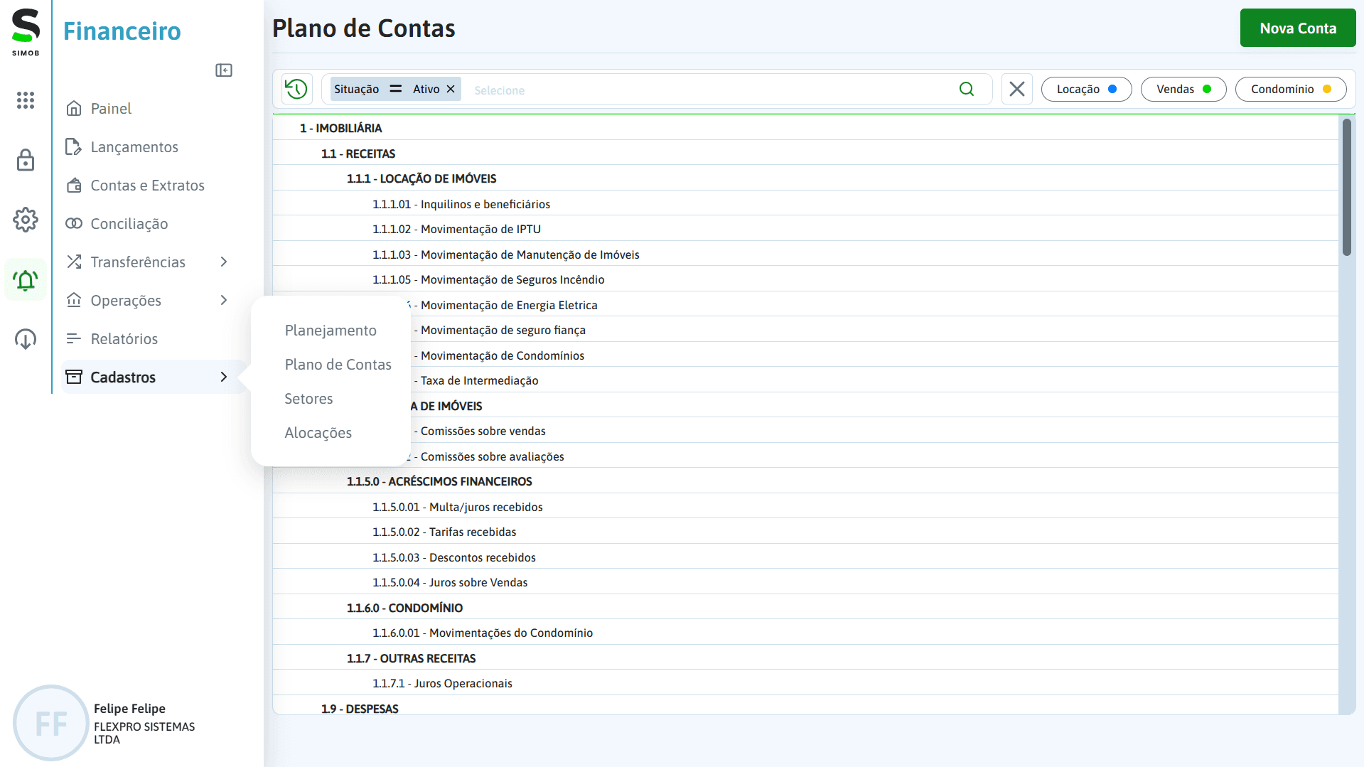 Tela de plano de contas no módulo financeiro do SIMOB Flexpro exibindo estrutura contábil com receitas, despesas, setores e alocações para gestão imobiliária organizada.