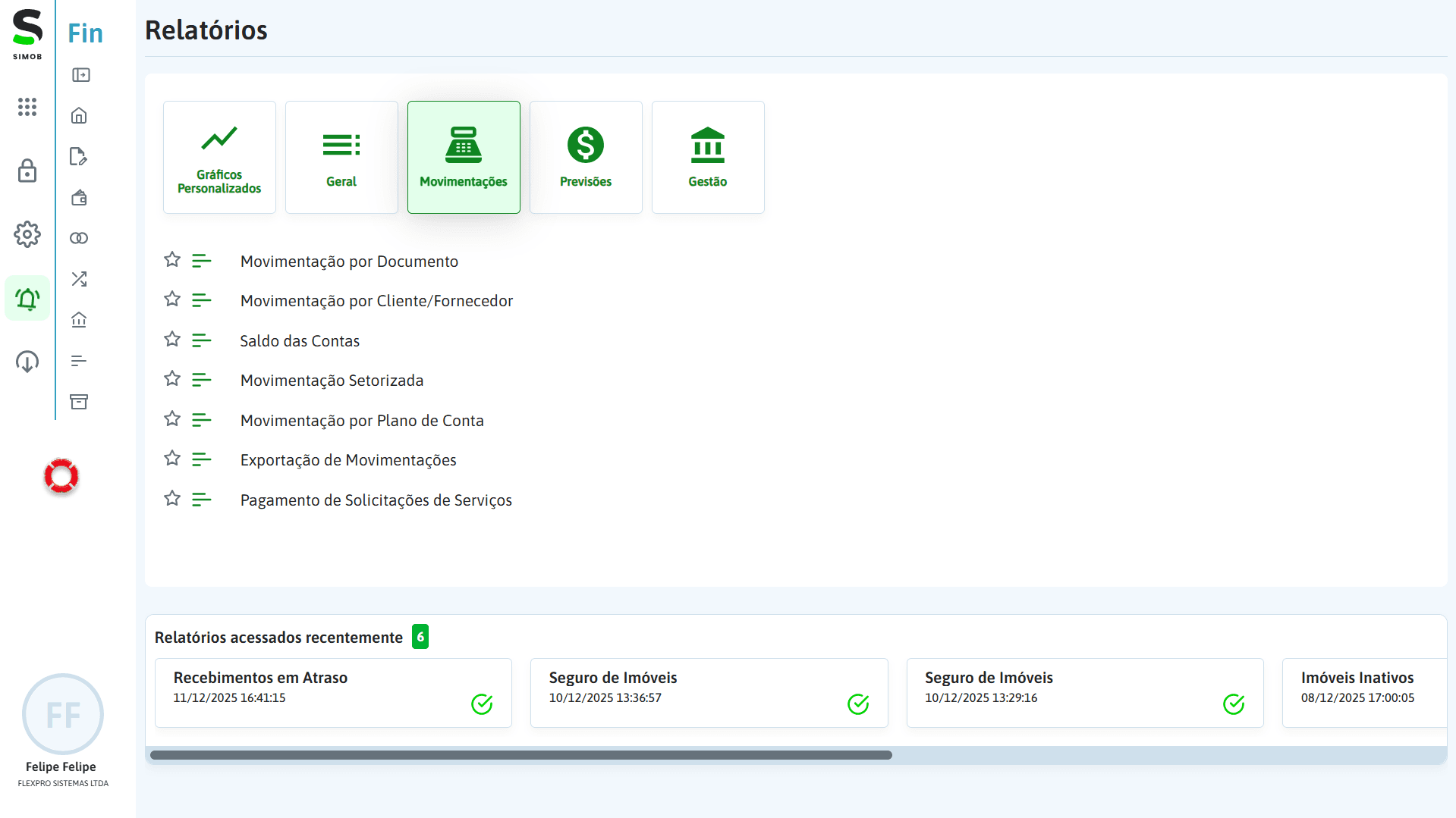 Tela de relatórios financeiros no SIMOB Flexpro exibindo movimentações por documento, cliente, plano de contas, saldo das contas e exportação de dados.