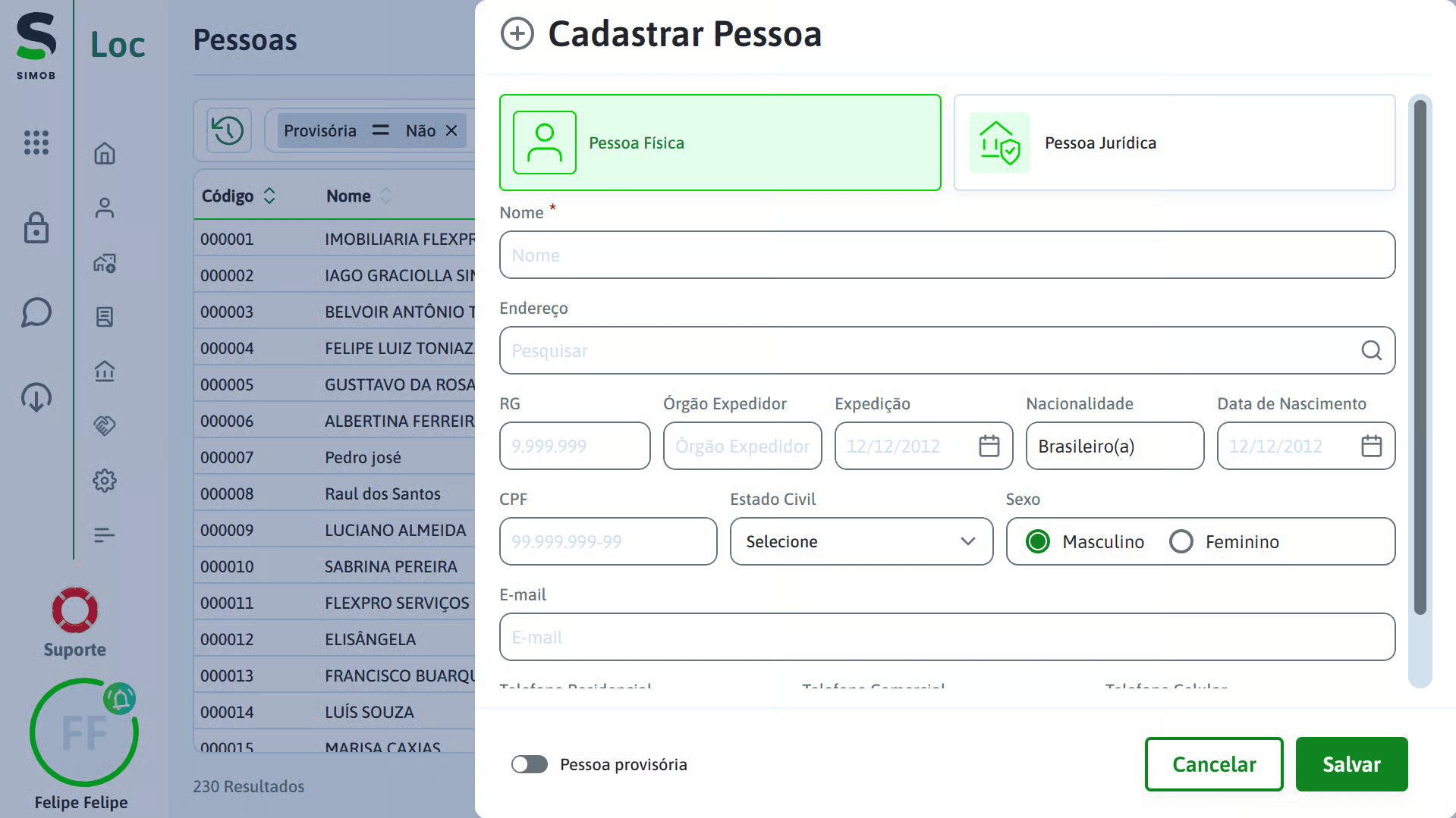 Tela de cadastro de pessoa física e jurídica no SIMOB Flexpro com campos de identificação, CPF, endereço e dados completos para captação e gestão imobiliária.
