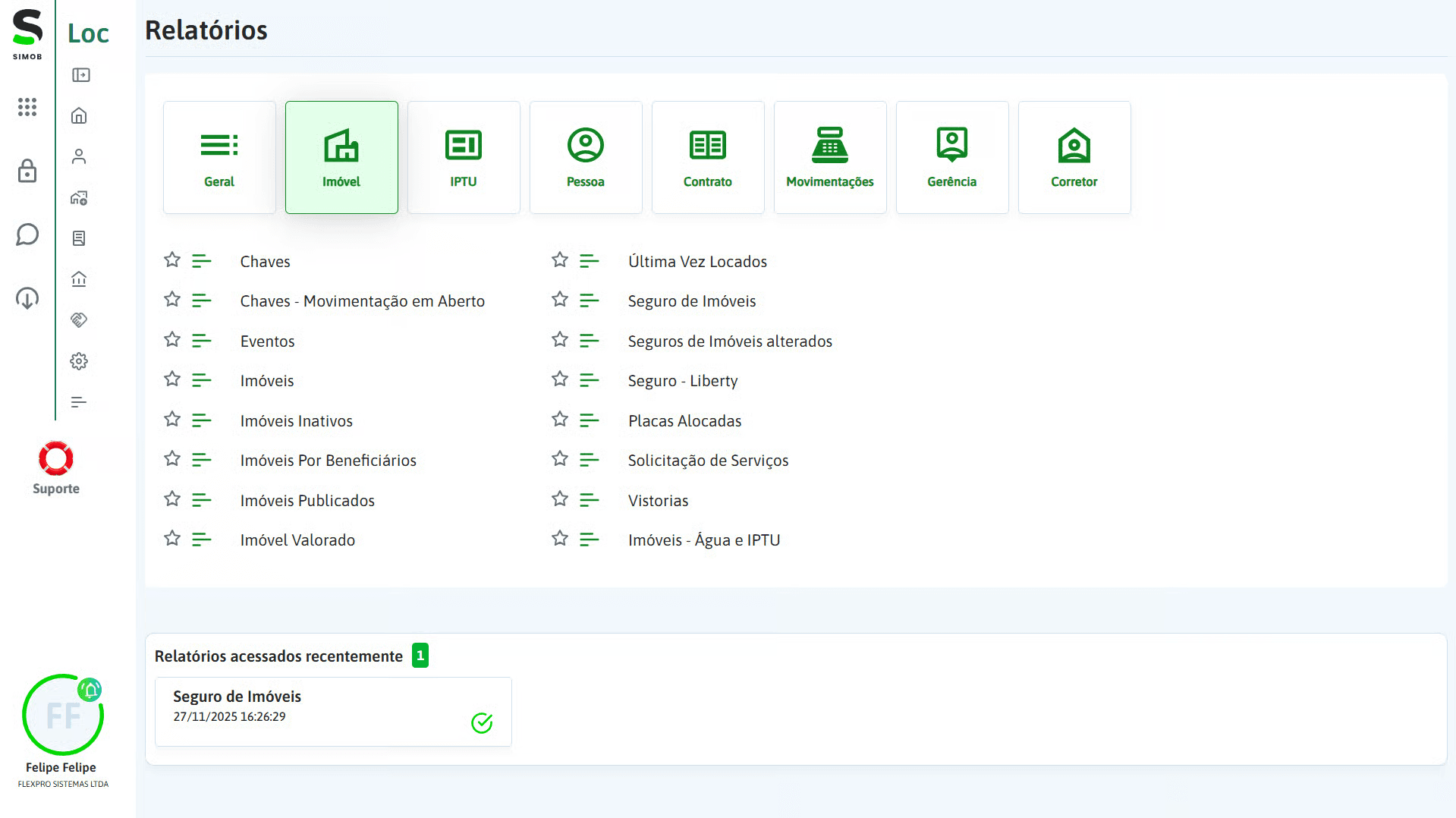 Tela de relatórios do SIMOB Flexpro com indicadores de imóveis, contratos, IPTU, movimentações e seguros para apoio à tomada de decisão na gestão imobiliária.