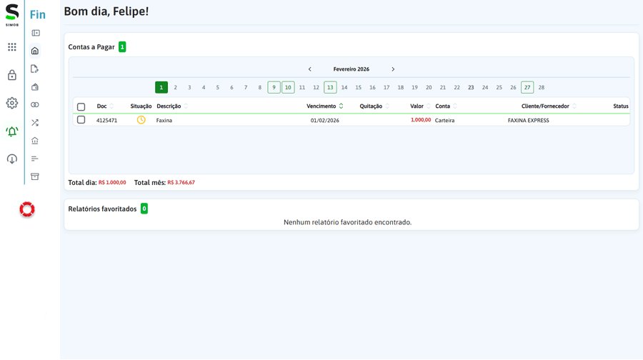 Tela do módulo financeiro no SIMOB Flexpro exibindo contas a pagar, vencimentos, valores, fornecedores e controle mensal do fluxo de caixa da imobiliária.