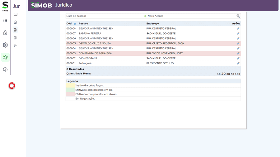 Tela do módulo jurídico no SIMOB Flexpro exibindo lista de acordos, pessoas envolvidas, endereços e status de negociações na gestão imobiliária.