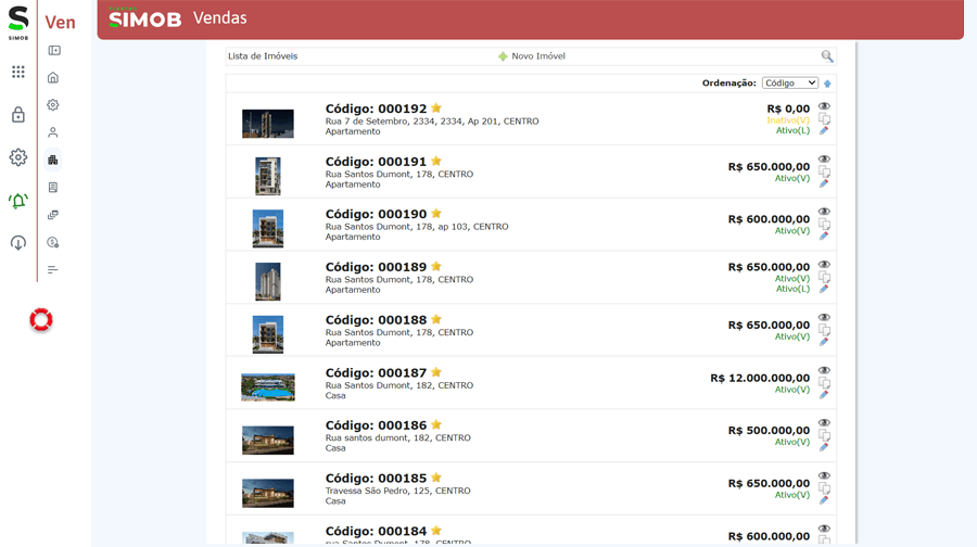Tela do módulo de vendas no SIMOB Flexpro exibindo lista de imóveis à venda com código, endereço, tipo, valor e status ativo na gestão imobiliária.