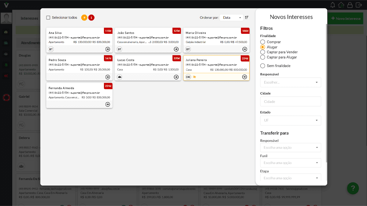 Tela do CRM MOOV com leads organizados por origem e imóvel de interesse.