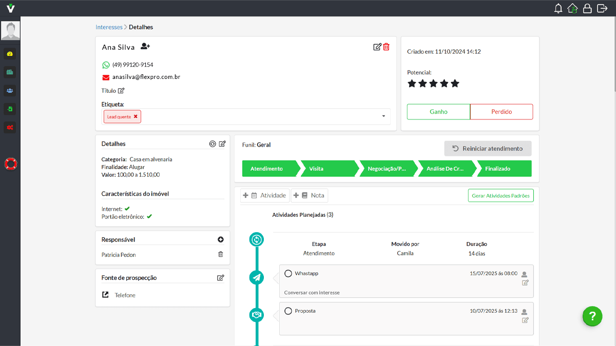 Sistema CRM para imobiliária com ficha completa do interessado, acompanhamento por etapa de atendimento e histórico de interações.