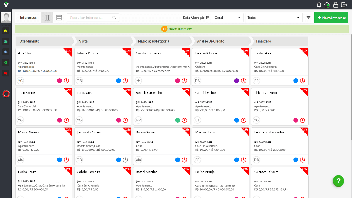 CRM para imobiliária com funil de vendas estruturado, gestão de leads por etapas e acompanhamento completo do processo comercial.