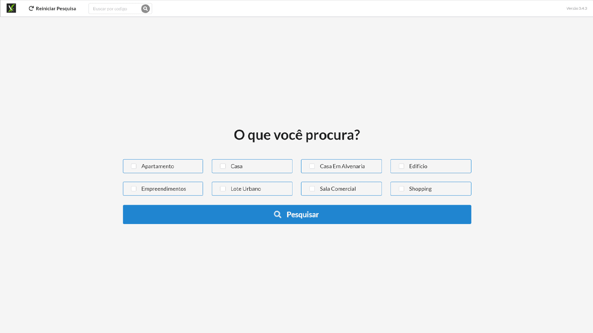 Sistema de busca imobiliária com filtro por tipo de imóvel, permitindo pesquisar apartamentos, casas, empreendimentos e imóveis comerciais.