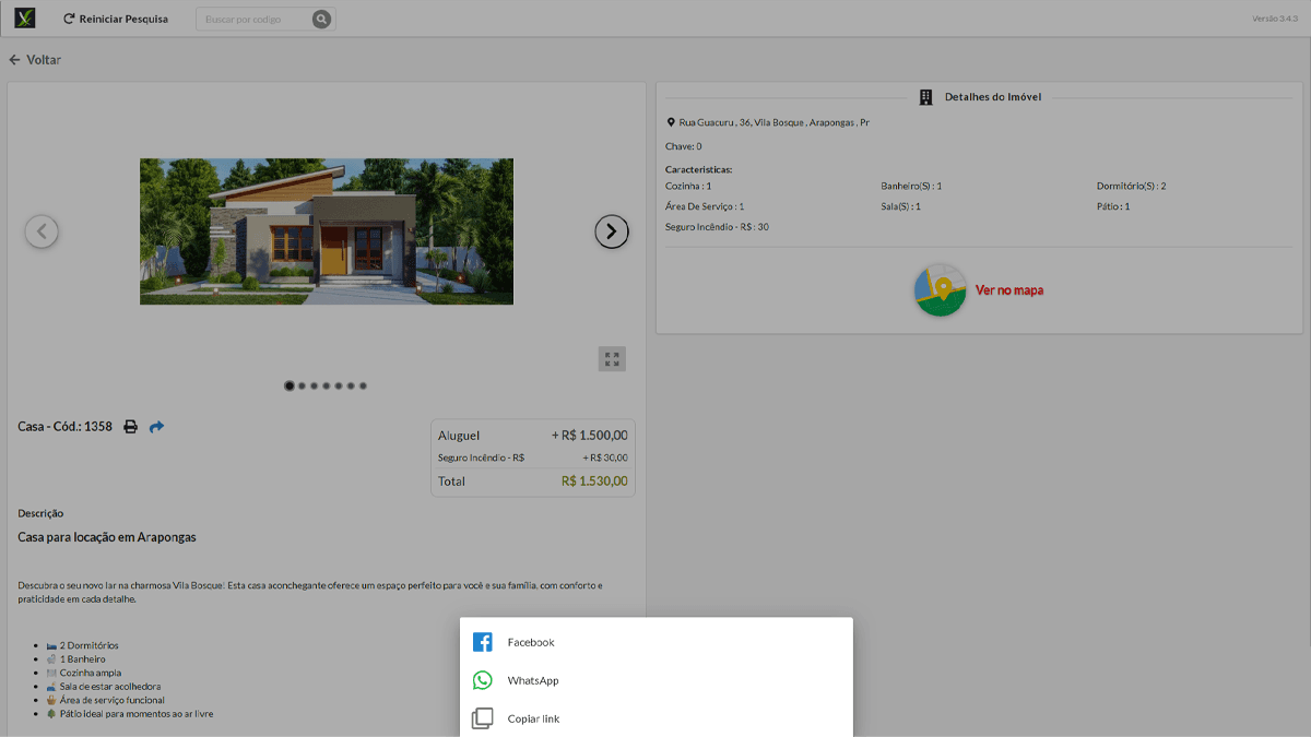 Site imobiliário com botão de compartilhamento de imóvel, permitindo enviar anúncio por WhatsApp, Facebook ou copiar link.