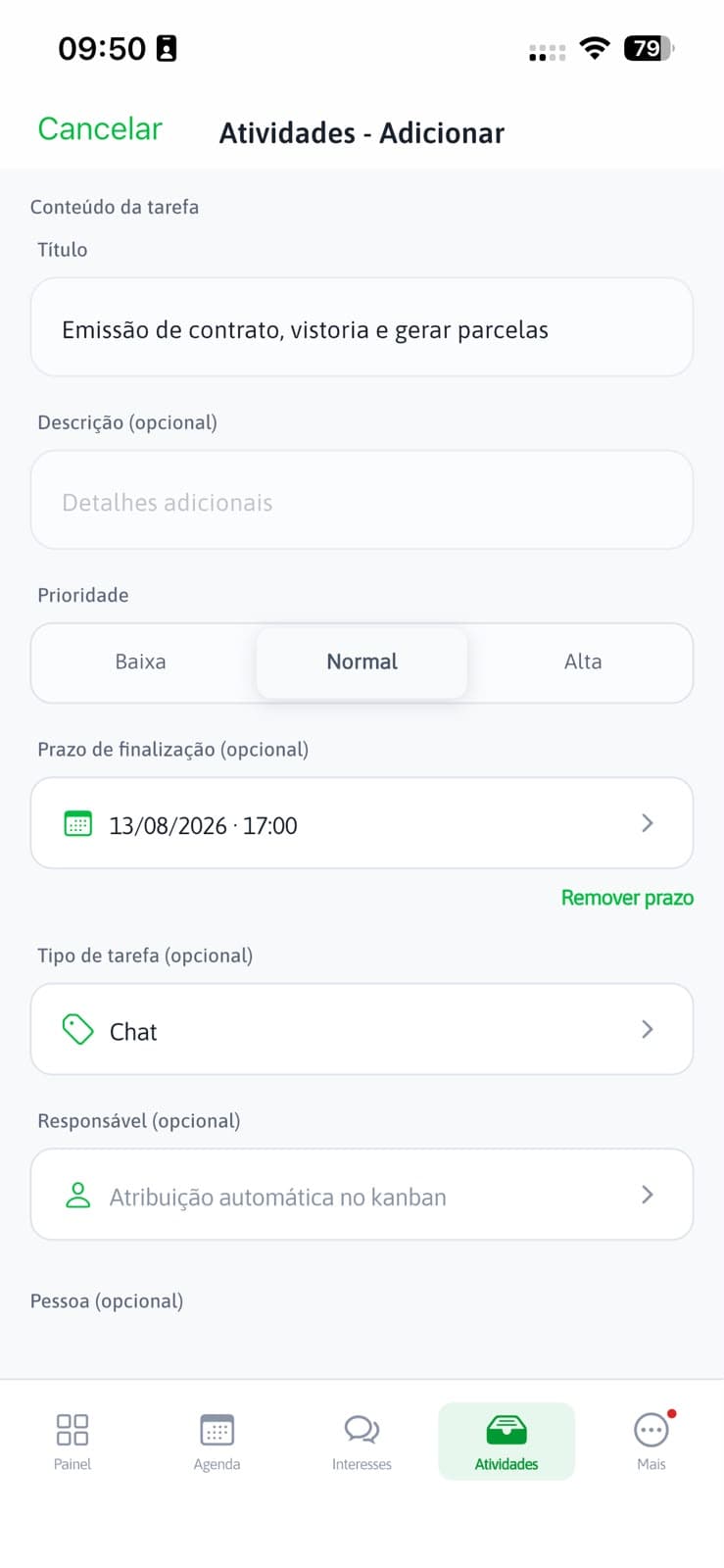 Criação de tarefa no aplicativo