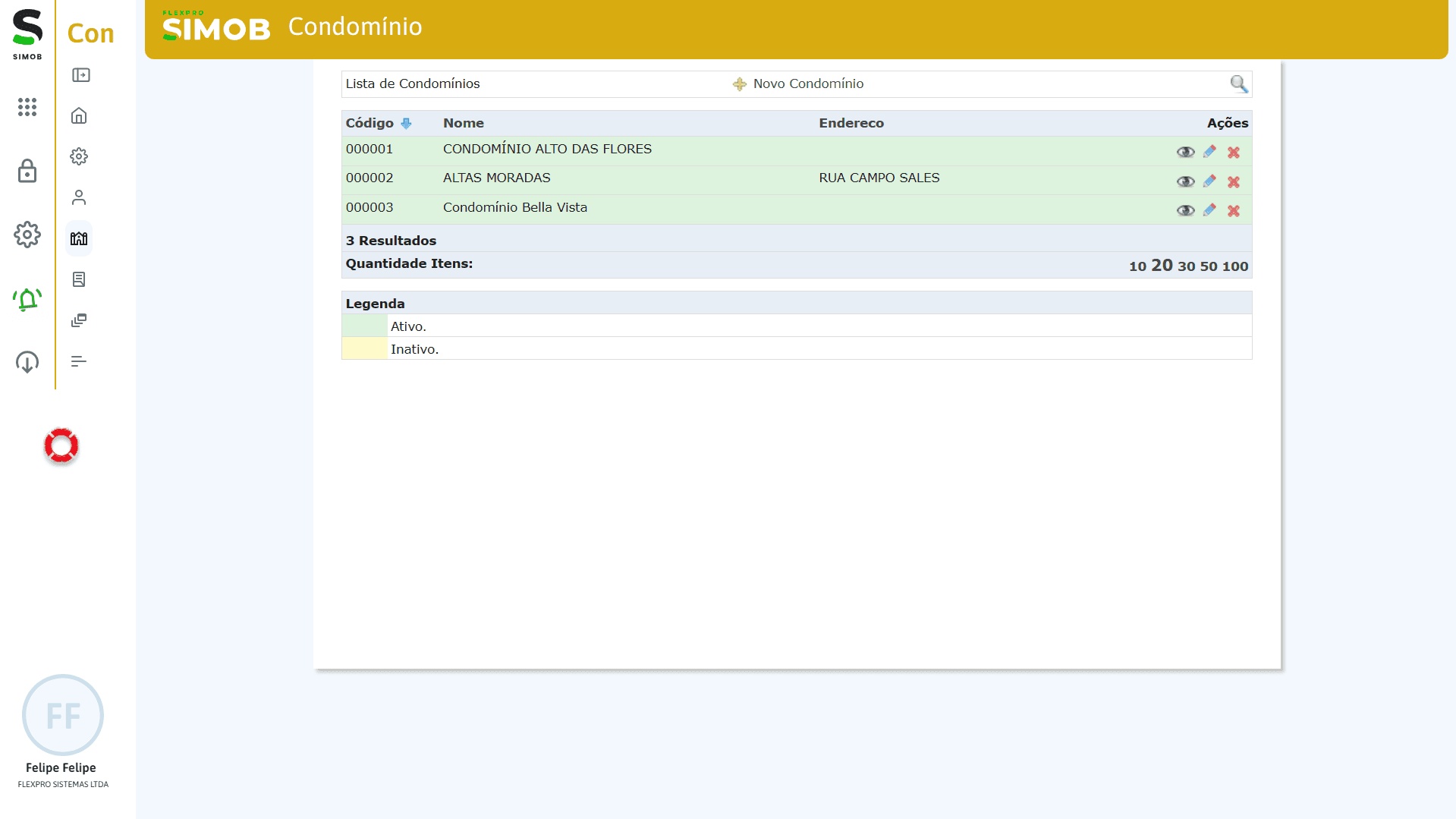 Tela de lista de condomínios no módulo Condomínio do SIMOB Flexpro exibindo cadastro de prédios com código, nome, endereço e status ativo ou inativo.