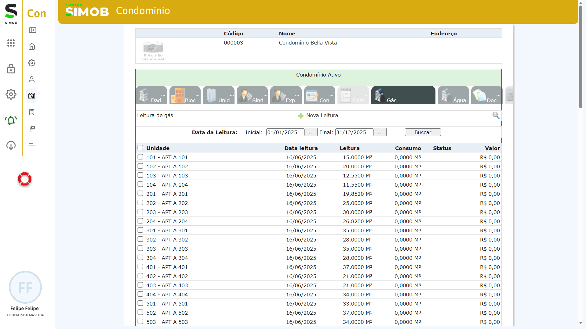 Tela de leitura de gás no módulo Condomínio do SIMOB Flexpro exibindo unidades, data da leitura, consumo em m³ e cálculo de valor por unidade.
