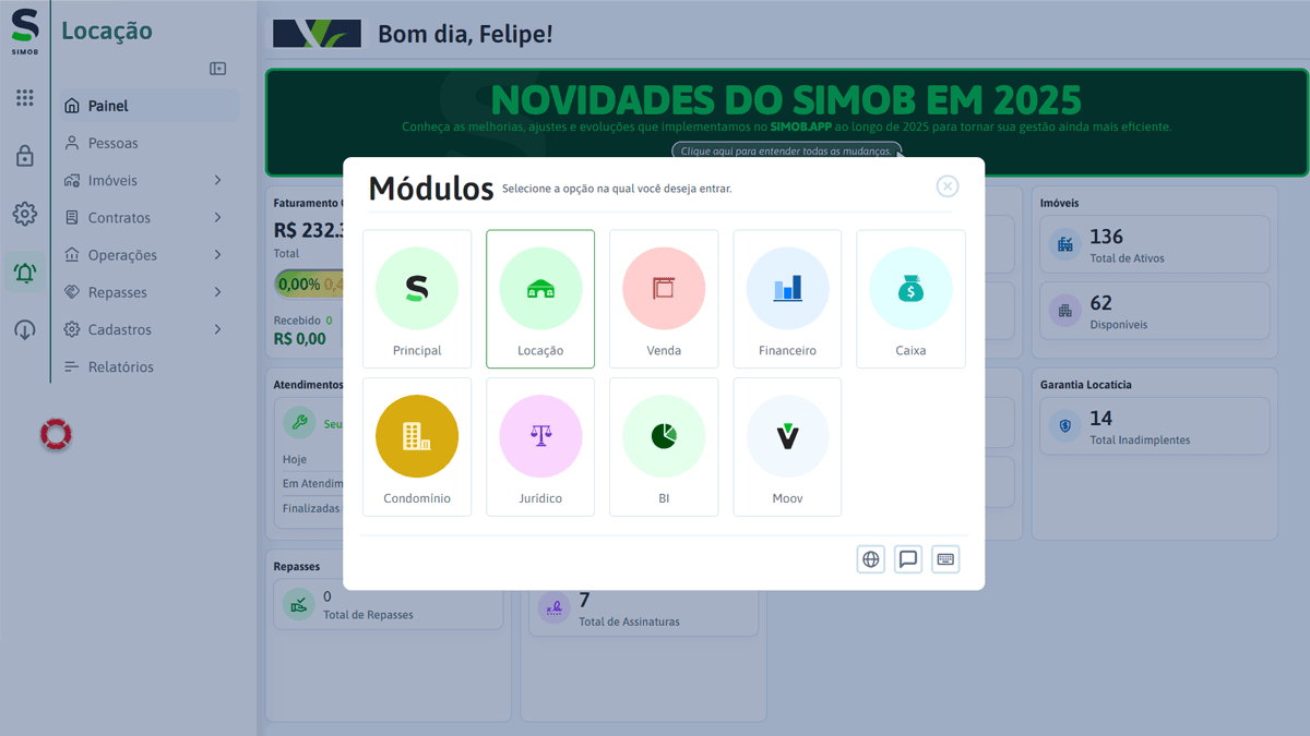 Tela de módulos do SIMOB Flexpro mostrando gestão central da operação imobiliária com acesso aos setores de locação, venda, financeiro, caixa, condomínio, jurídico e BI em um único sistema.