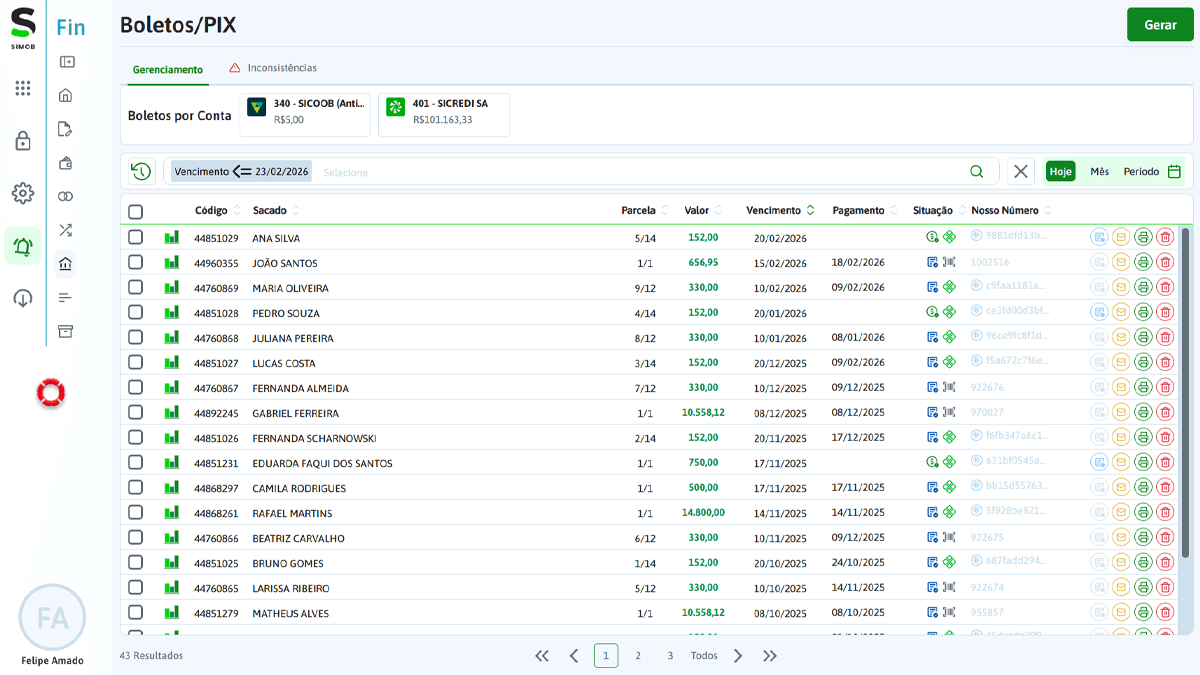 Tela de boletos e PIX no SIMOB Flexpro com geração, vencimentos, pagamentos e conciliação bancária automatizada para mais previsibilidade financeira na imobiliária.