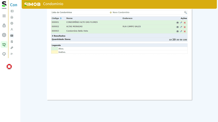 Tela do módulo de condomínio no SIMOB Flexpro exibindo lista de condomínios cadastrados com código, nome, endereço e status ativo ou inativo na gestão imobiliária.
