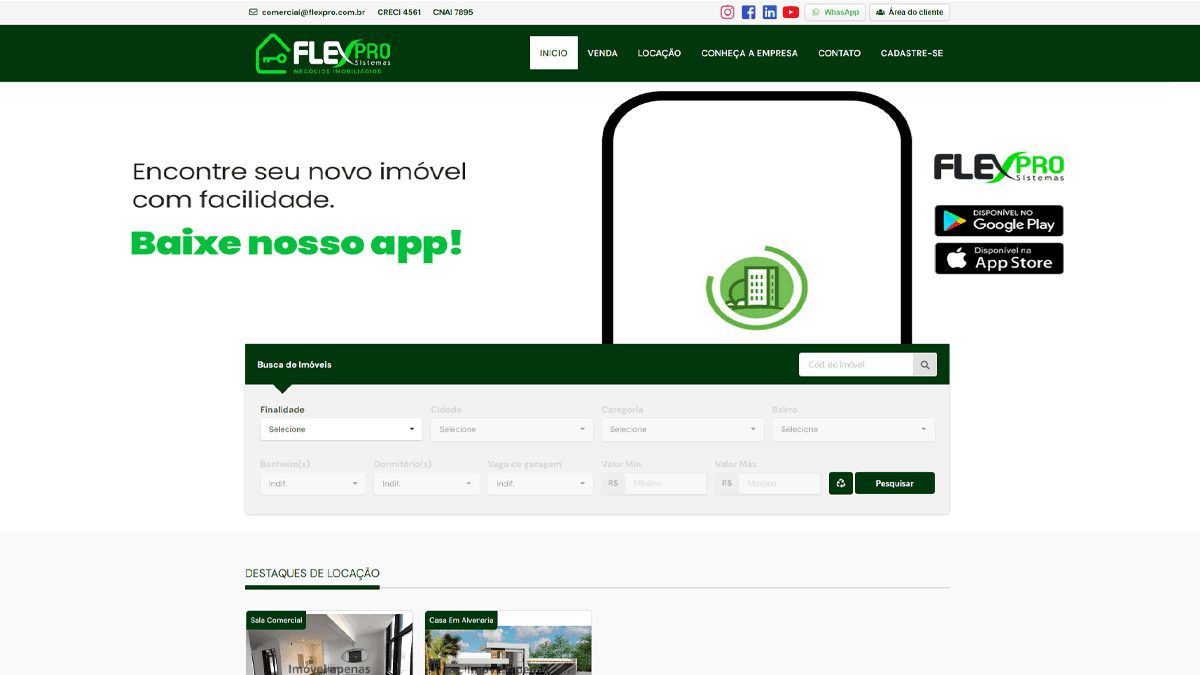Plataforma imobiliária com aplicativo próprio e sistema de busca avançada de imóveis para locação e venda.