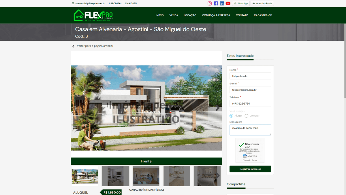 Página de anúncio imobiliário com fotos do imóvel, preço de aluguel, características físicas e formulário de contato para geração de lead.