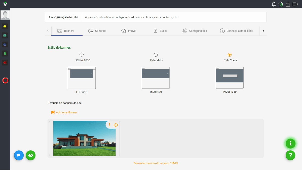 Painel administrativo do site imobiliário com edição de banners, layout da página inicial e configurações de busca e conteúdo.