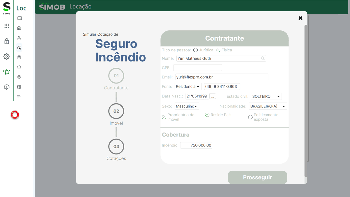 Tela de simulação de seguro incêndio no SIMOB Flexpro com dados do contratante, cobertura e integração da proteção vinculada ao contrato de locação.