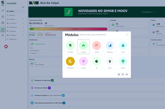 Tela do SIMOB exibindo todos os módulos integrados.